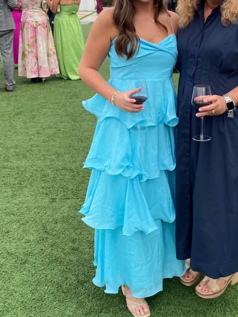 Aqua Tiered Ruffle Maxi Dress with Spaghetti Straps